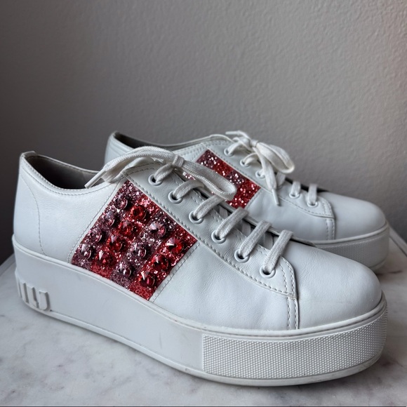 Miu Miu Shoes - Miu Miu Crystals Glitter White Leather Platform Sneakers Size 10‎